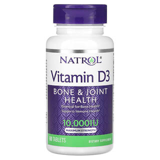 Natrol, Vitamina D3, Salud de los huesos y las articulaciones, Concentración máxima, 10.000 UI, 60 comprimidos