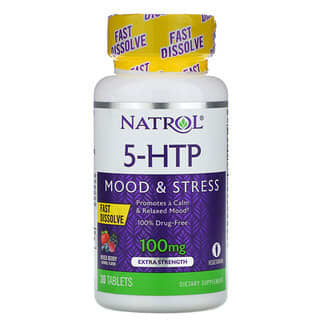 Natrol, 5-HTP, Dissolução Rápida, Força Extra, Sabor Bagas Selvagens, 100 mg, 30 Comprimidos