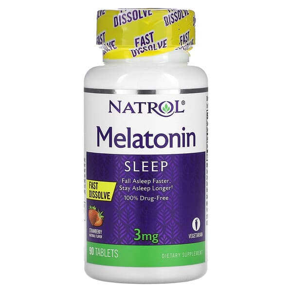 Natrol‏, מלטונין, מתמוסס מהר, בטעם תות, 3 מ"ג, 90 טבליות