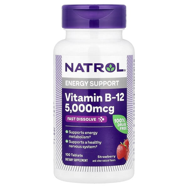 Natrol, 維生素 B12，速溶，優質強度，草莓，5000 微克，100 片