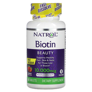 Natrol, Biotina, Disolución rápida, Máxima concentración, Fresa, 10.000 mcg, 60 comprimidos