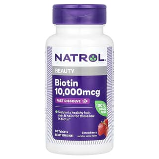 Natrol, Biotina, Disolución rápida, Máxima concentración, Fresa, 10.000 mcg, 60 comprimidos