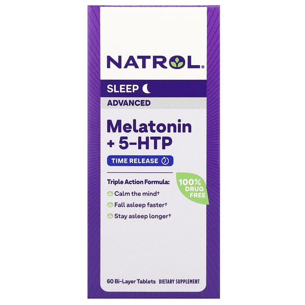 Natrol, เมลาโทนิน + 5-HTP แอดวานซ์สลีป บรรจุเม็ดยาสองชั้น 60 เม็ด