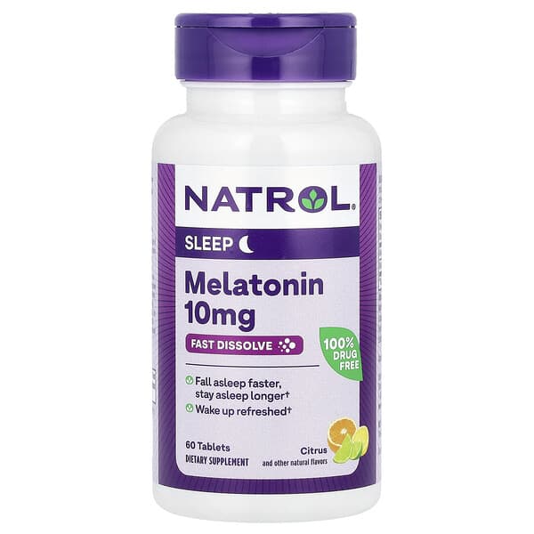 Natrol, เมลาโทนินแบบละลายเร็ว สูตรเข้มข้นพิเศษ รสซิตรัส ขนาด 10 มก. บรรจุ 60 เม็ด