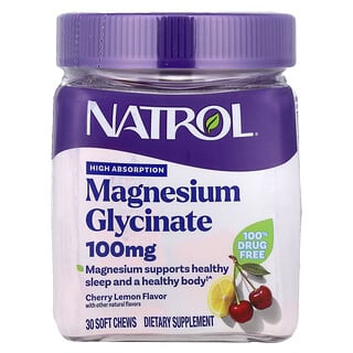 Natrol, гліцинат магнію, висока абсорбція, вишня й лимон, 100 мг, 30 жувальних таблеток