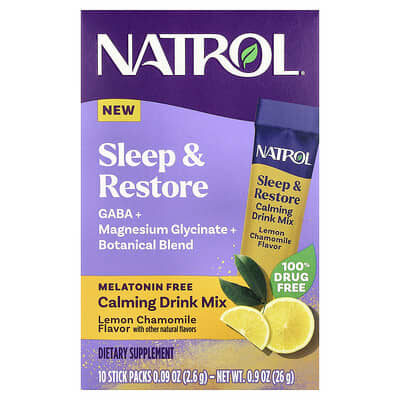 Natrol, Sleep & Recovery, Calm Drink Blend, Melatonin-Free, Lemon Chamomile, 10 Count, 0.09 oz (2.6 g) Each