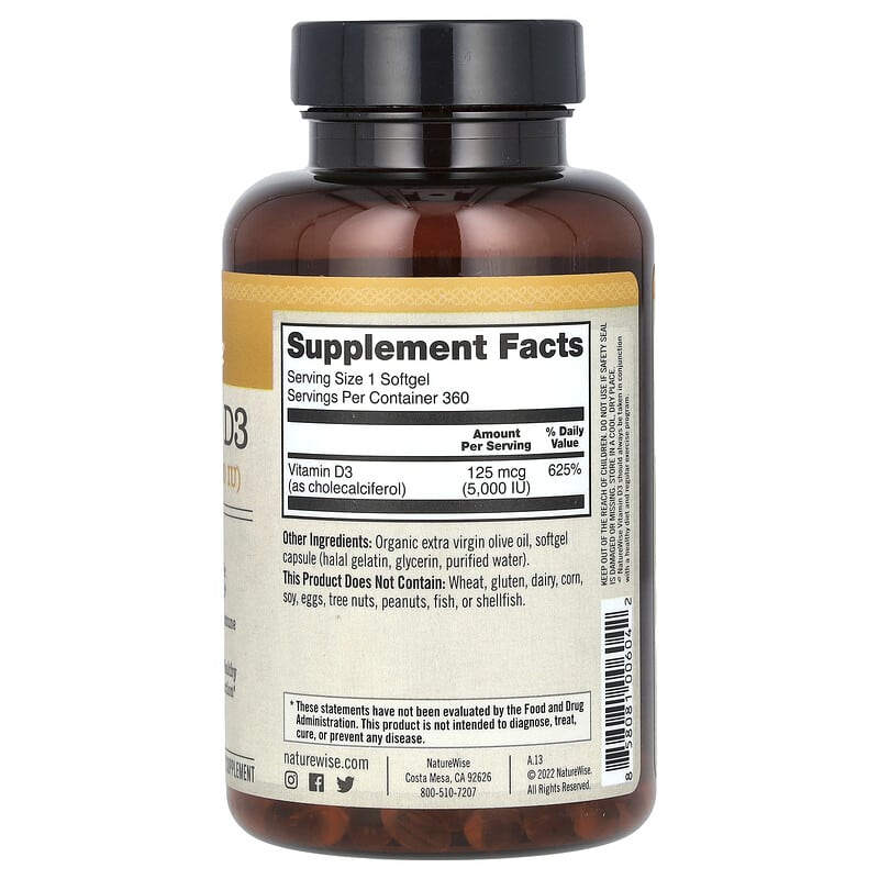 Vitamin D3, 125 mcg (5,000 IU), 360 Softgels