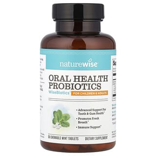 NatureWise, Probióticos para la salud bucal, Para niños y adultos, Menta, 50 comprimidos masticables