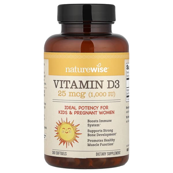 NatureWise, Vitamin D3, 25 mcg (1,000 IU), 360 Softgels — product photo 1
