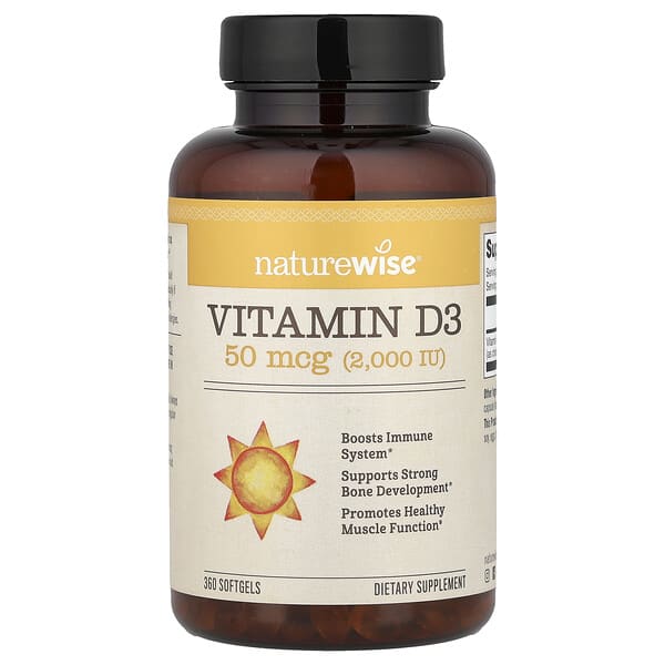 NatureWise, Vitamin D3, 50 mcg (2,000 IU), 360 Softgels — product photo 1