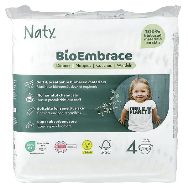 Naty, Scutece BioEmbrace, mărimea 4, 7-12 kg, 26 de scute