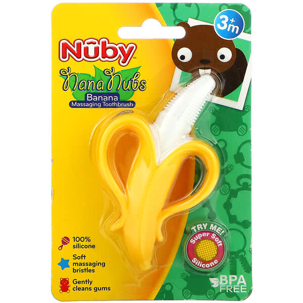 Nuby (نوبي)‏, فرشاة أسنان للتدليك على شكل موزة NanaNubs، لعمر 3 أشهر فأكبر، فرشاة واحدة