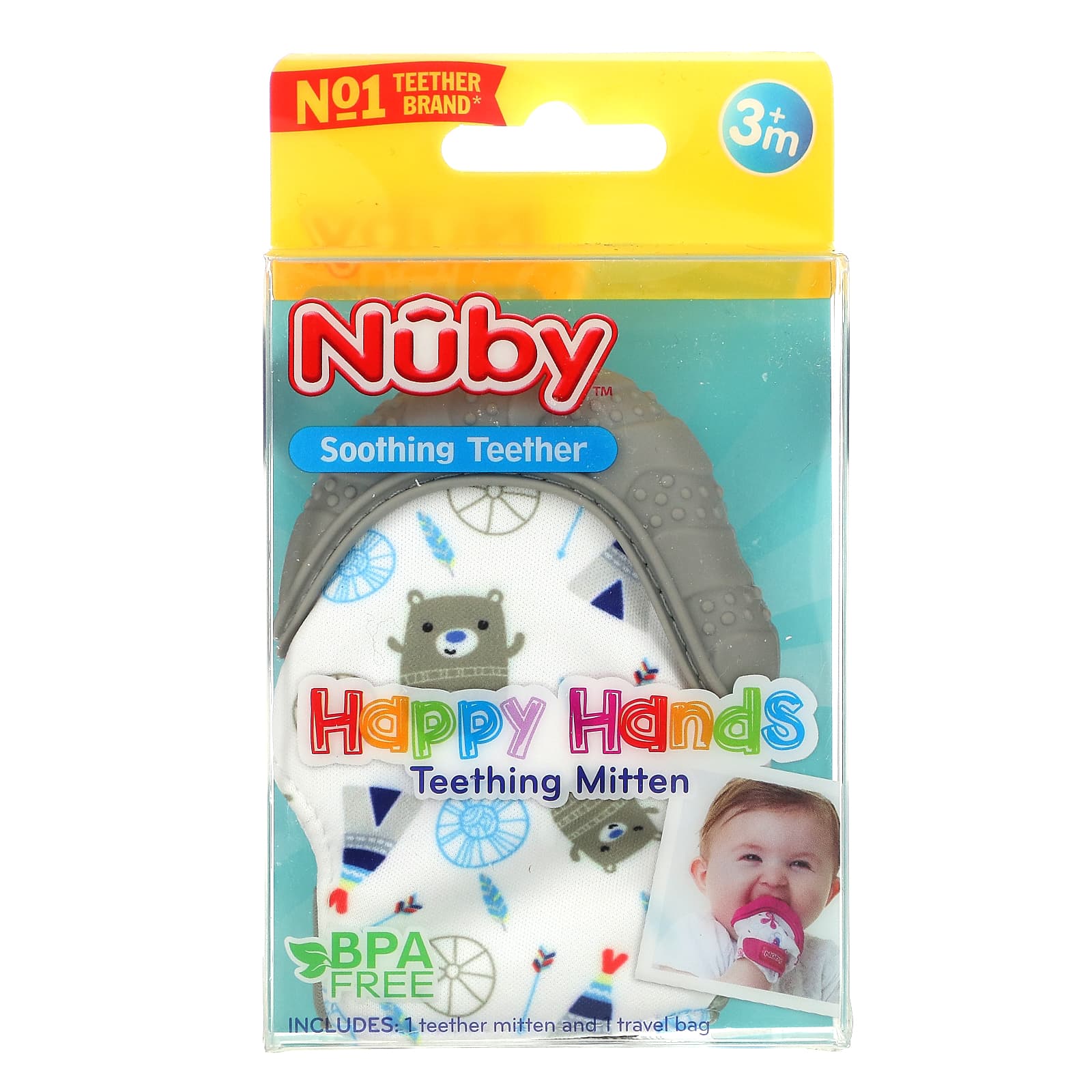 Aqual Owls Nuby Happy Hands Soothing Teething Mitten with Hygienic Travel Bag 