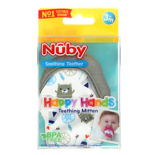 Nuby, Успокаивающий прорезыватель, рукавицы для прорезывания зубов Happy Hands, для детей от 3 месяцев, Bears, набор из 2 предметов