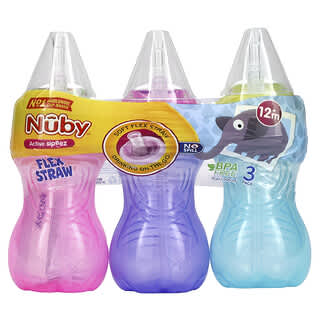 Nuby, Clik-it（クリックイット）フレックスストローカップ、生後12か月以上、女の子用、3個セット、各300ml（10オンス）