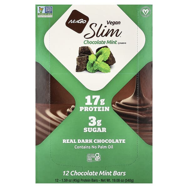 NuGo Nutrition, Slim®, Vegan Protein Bars, Chocolate Mint, 12 Bars, 1.59 oz (45 g) Each — product photo 1