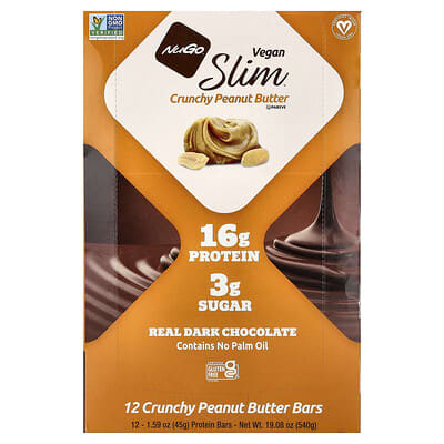 NuGo Nutrition, Slim®, Vegan Protein Bars, Crunchy Peanut Butter Flavor, 12 Bars, 1.59 oz (45 g) Each