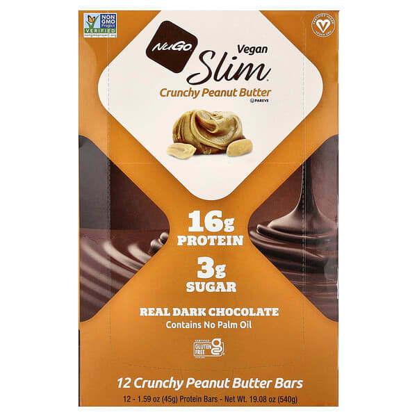 NuGo Nutrition, Slim®, Vegan Protein Bars, Crunchy Peanut Butter, 12 Bars, 1.59 oz (45 g) Each — product photo 1