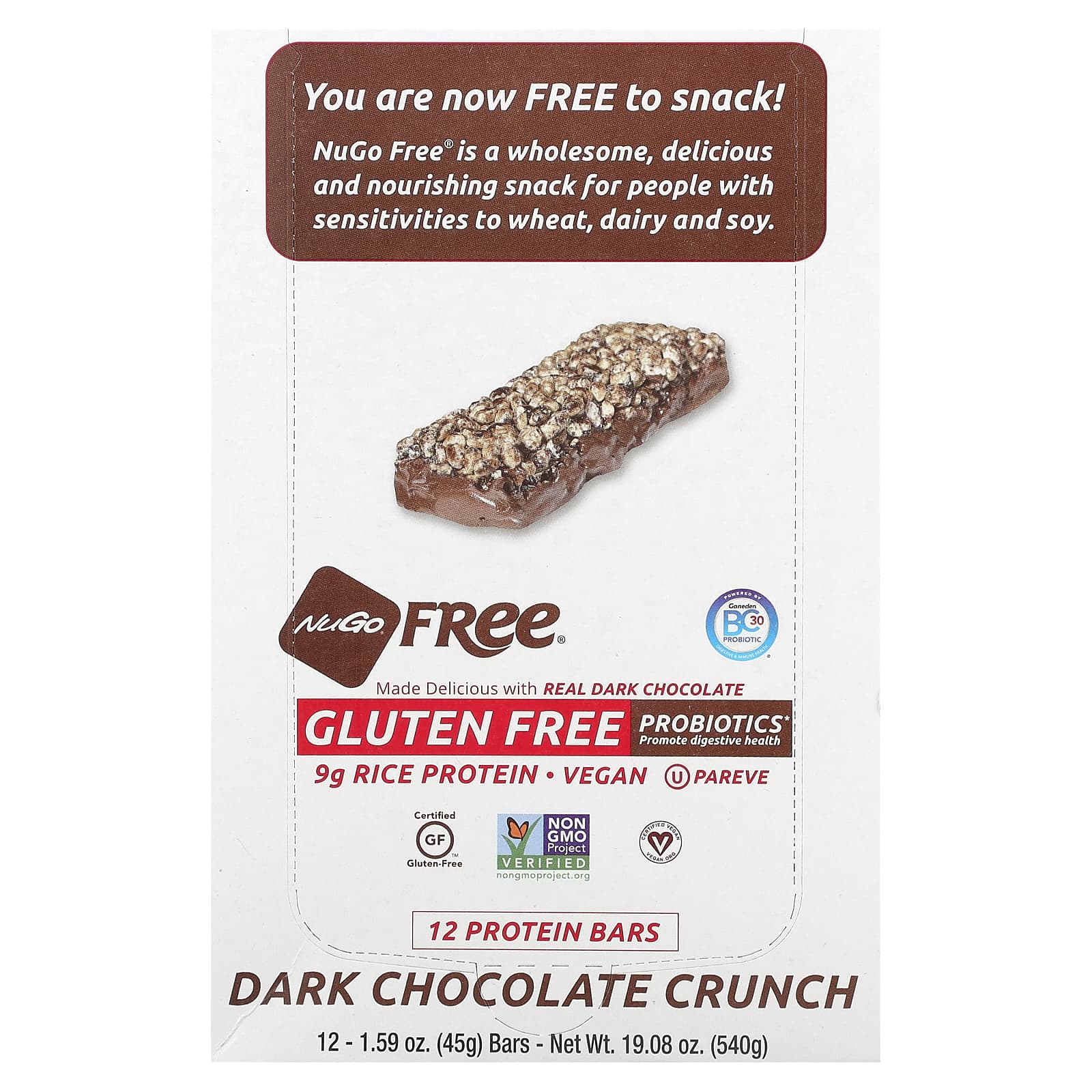 NuGo Nutrition, Gluten Free Protein Bar, Dark Chocolate Crunch, 12 Bars