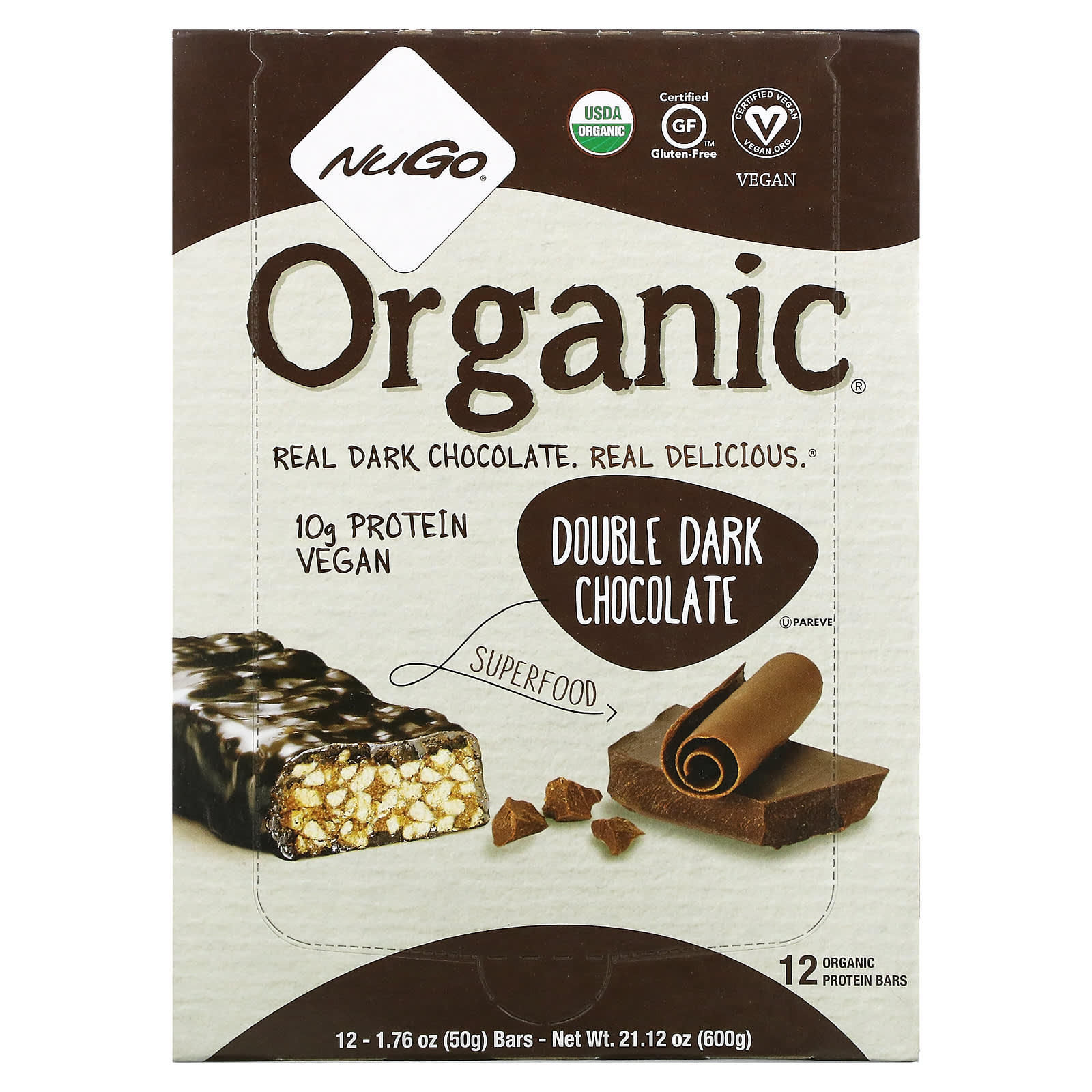 NuGo Nutrition, Organic Protein Bars, Double Dark Chocolate, 12 Bars, 1.76  oz (50 g) Each