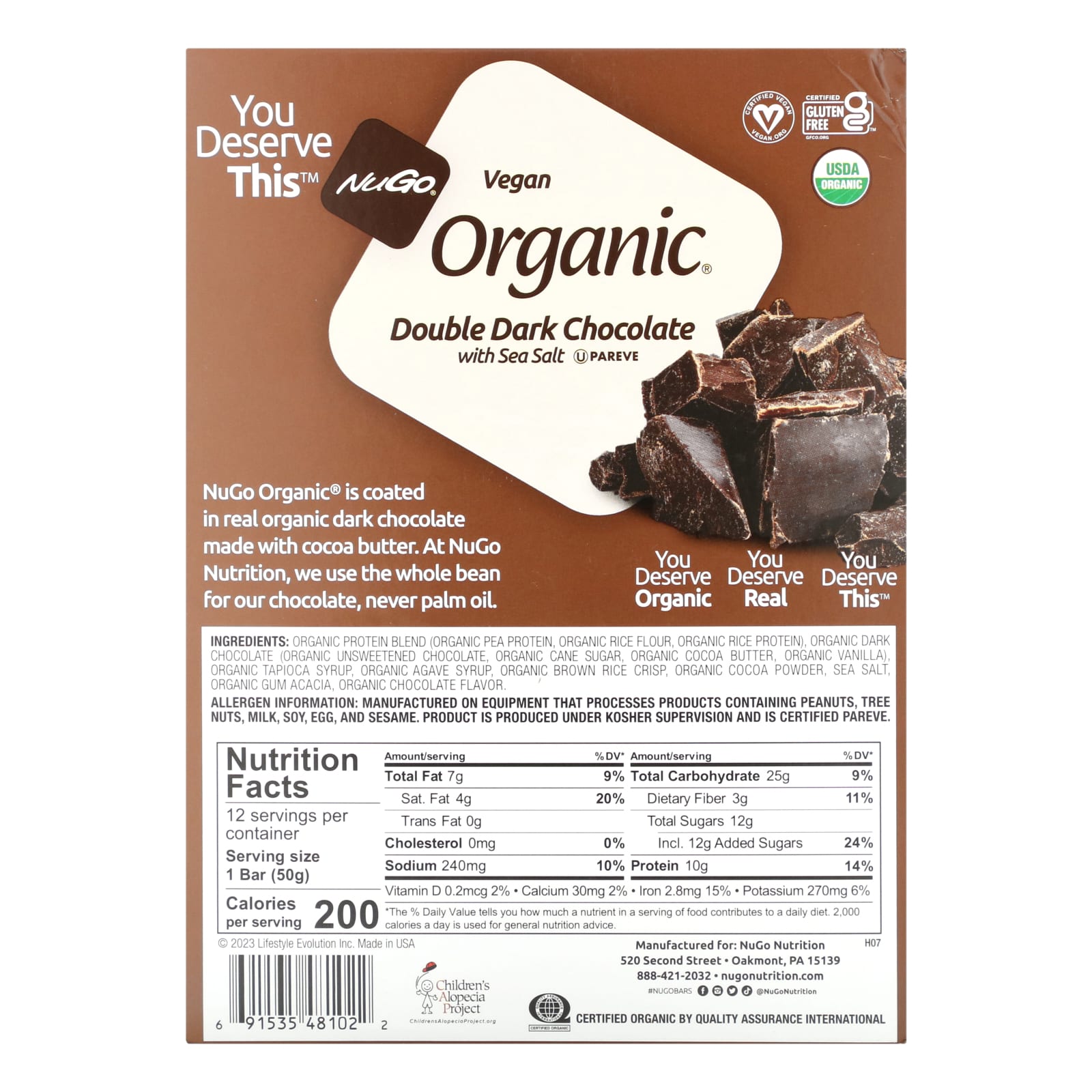 NuGo Nutrition, Organic Protein Bars, Double Dark Chocolate with Sea