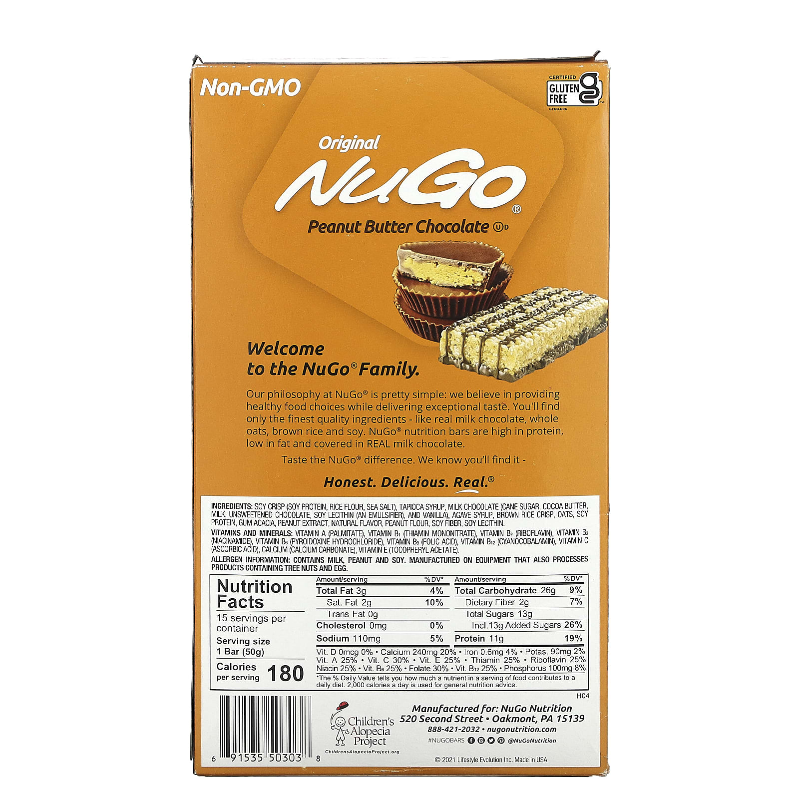 NuGo Nutrition, Original Peanut Butter Chocolate Bars, 15 Bars, 1.76 oz