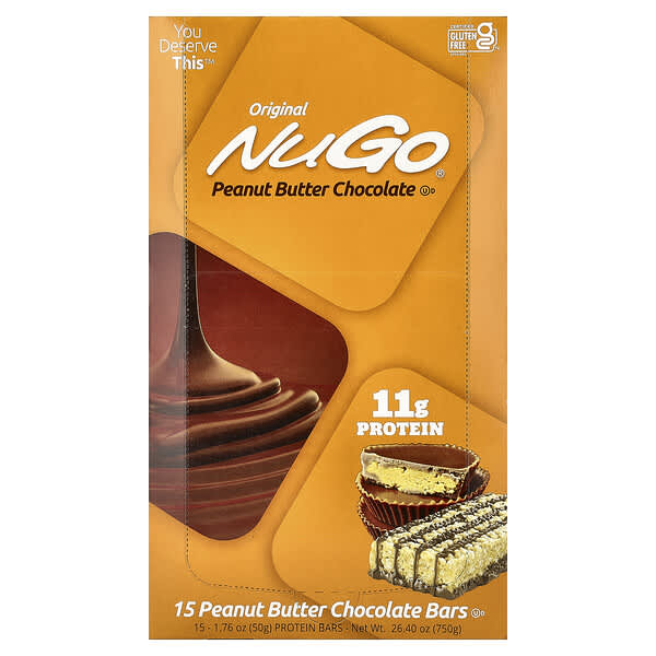 NuGo Nutrition, Protein Bars, Peanut Butter Chocolate, 15 Bars, 1.76 oz (50 g) Each