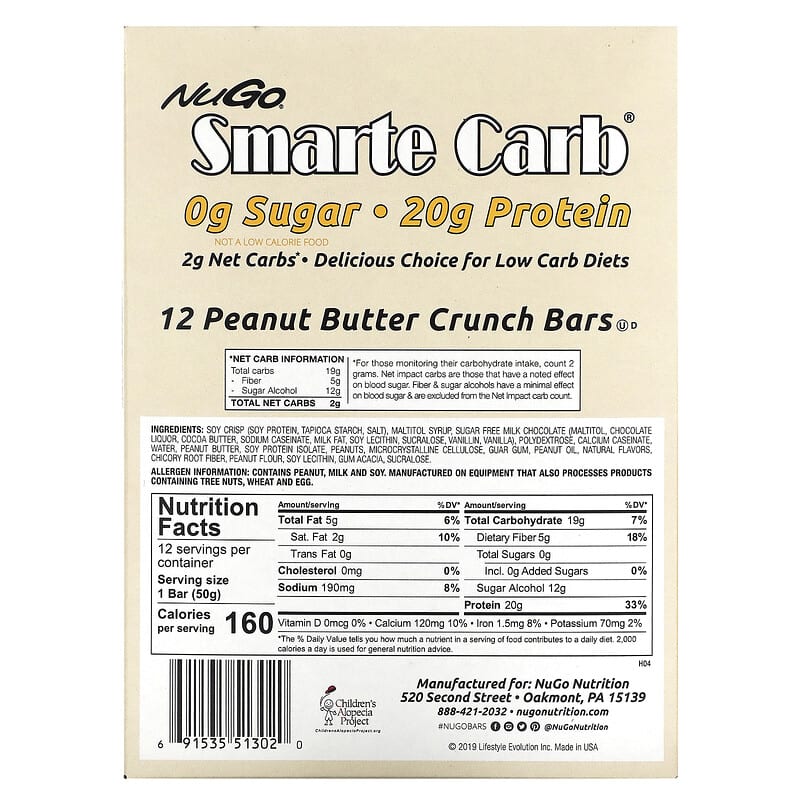 Smarte Carb Bar, Peanut Butter Crunch, 12 Bars, 1.76 oz (50 g) Each