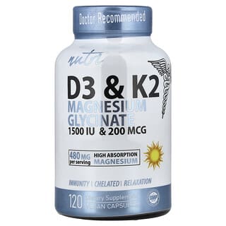 Nutri, Vitamín D3 a K2, glycinát hořečnatý, 120 veganských kapslí