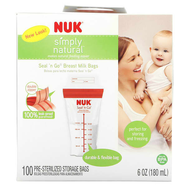 NUK, Seal 'n Go（シールアンドゴー）、母乳バッグ、滅菌済み保管袋100枚、各180ml（6オンス）