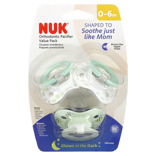 NUK‏, Orthodontic Pacifier Value Pack,, 0-6 Months, Green, 3 Pack
