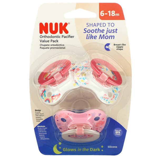 NUK‏, Orthodontic Pacifier Value Pack, 6-18 Months, Girl, 3 Pack