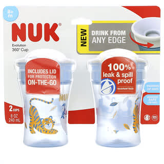 NUK, Evolution 360 컵, 8개월 이상, 파란색, 2컵, 각 240ml (8oz)