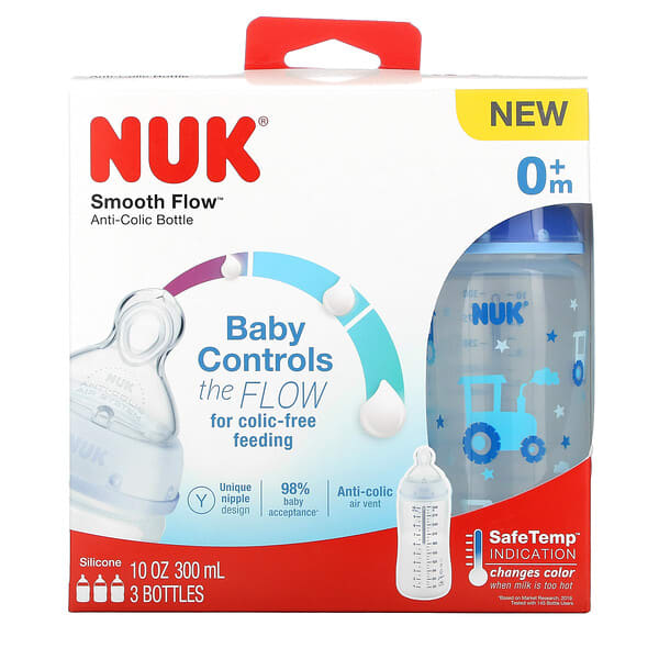 NUK‏, Smooth Flow, בקבוק נגד גזים, גיל 0 ומעלה, אריזת שלישייה, 300 מ“ל (10 אונקיות) כל אחד