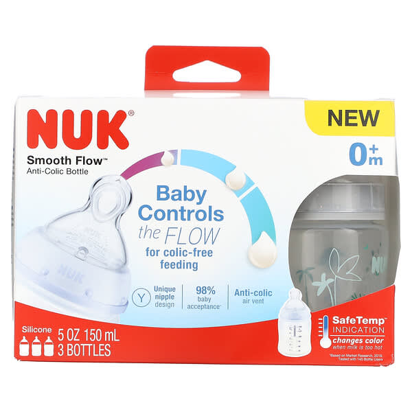 NUK, 平滑流，抗腸絞痛奶瓶，0 個月以上，3 個，每個 5 盎司（150 毫升）