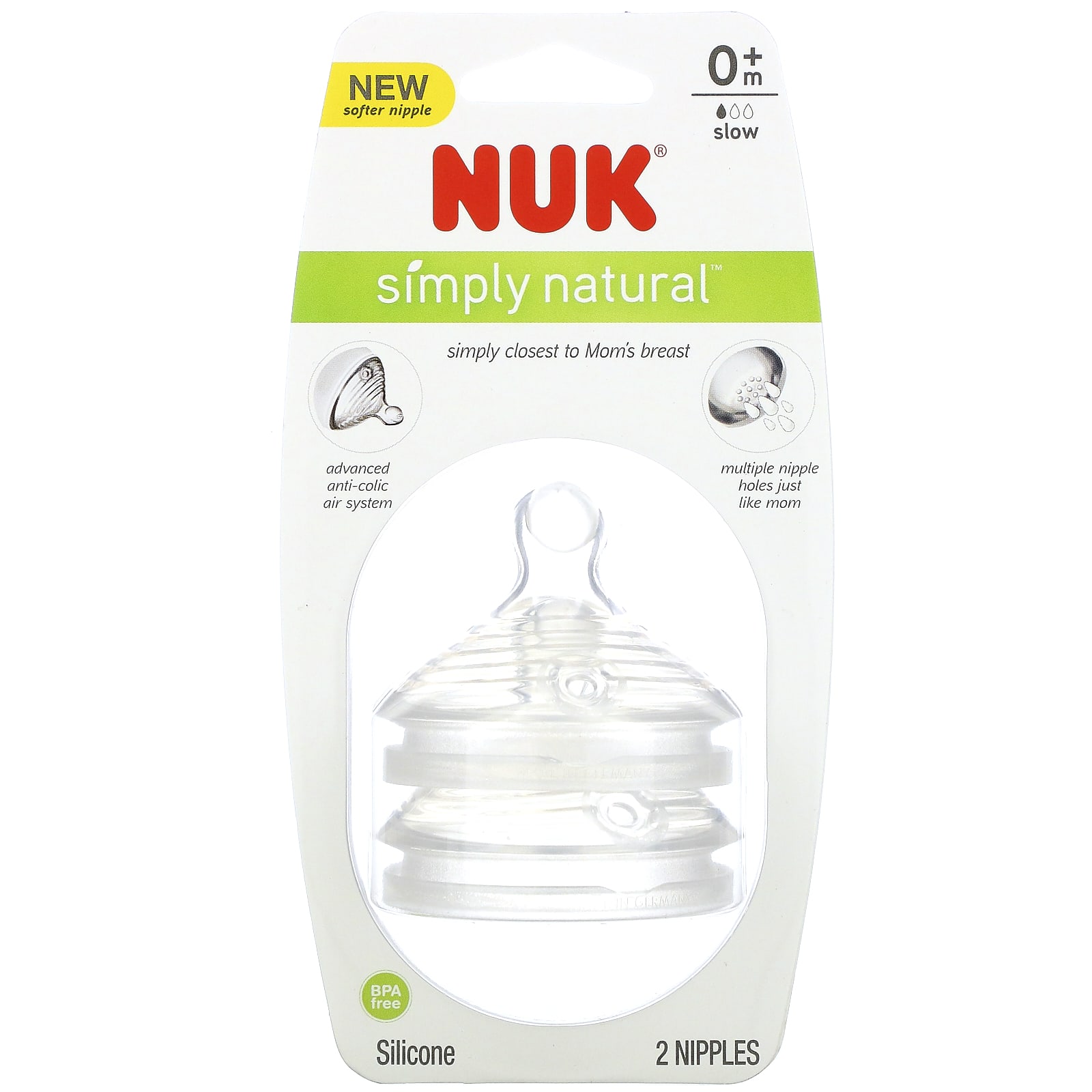 2 Pack NUK Simply Natural Slow Flow Bottle Nipples 