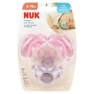 NUK, Silicone Pacifier, Comfy, 6-18 Months, Pink & Purple, 3 Pack