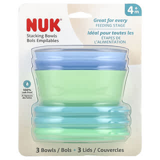 NUK, Bols empilables, 4 mois et plus, Bleu et vert, 3 bols + 3 couvercles