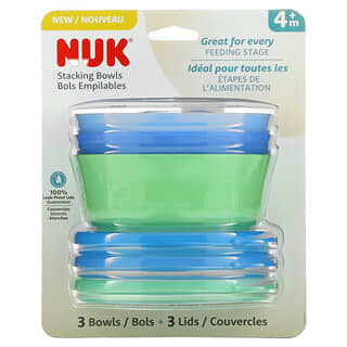 NUK, 炫彩調理碗，4 個月以上，藍色和綠色，3 個碗 + 3 個蓋子