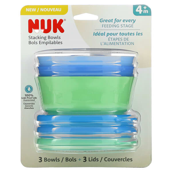 NUK, Stacking Bowls, 4+ Months, Blue & Green, 3 Bowls + 3 Lids