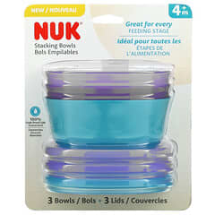 NUK, Bols empilables, 4 mois et plus, Violet et bleu sarcelle, 3 bols + 3 couvercles