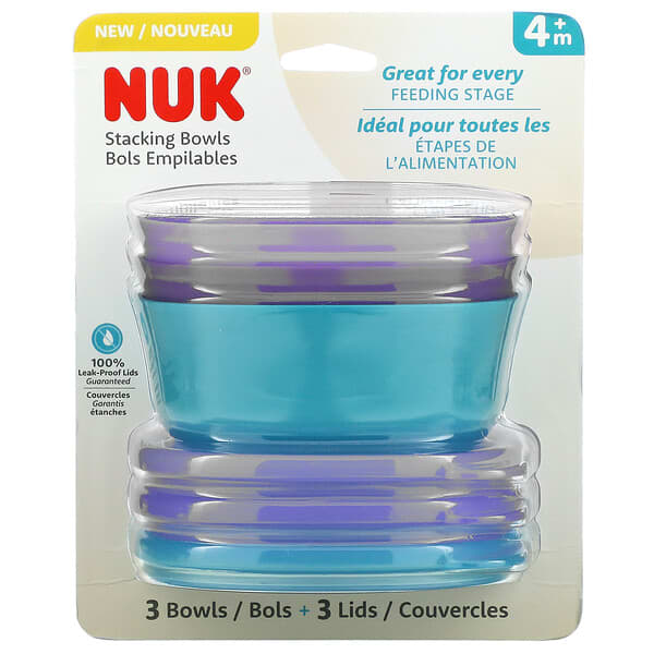 NUK, スタッキングボウル、生後4か月から、パープル＆ティールブルー、蓋つきボウル3個