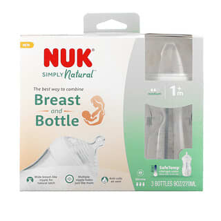 NUK, Simply Natural（シンプリーナチュラル）、哺乳瓶、ホワイト、生後1か月から、流量ふつう、3本入り、各270ml（9オンス）
