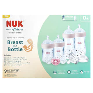 NUK, 採用 SafeTemp 的 Simply Natural 奶瓶，新生兒禮品套裝，0 個月以上，9 件