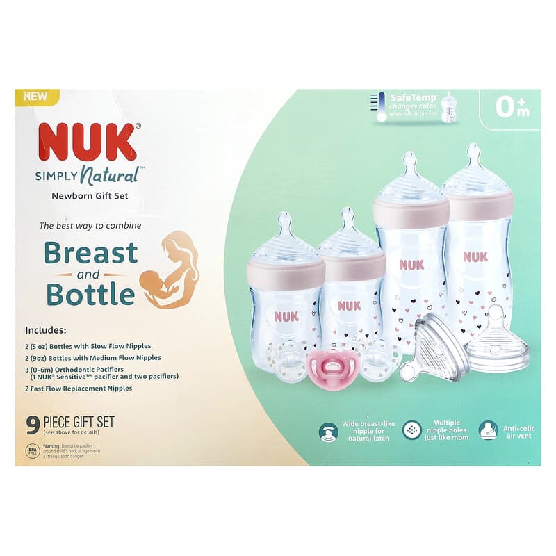 NUK Simply Natural Baby Bottle with SafeTemp, Girl, 9 Oz, 4 Count