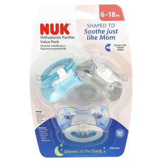 NUK, Ортодонтическая соска Glow in the Dark, для детей 6–18 месяцев, со вкусом молнии и звездочки, набор из 3 продуктов
