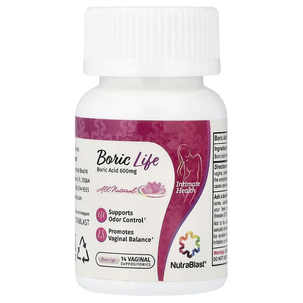 NutraBlast, Boric Life, 붕산, 600mg, 질 좌약 14개