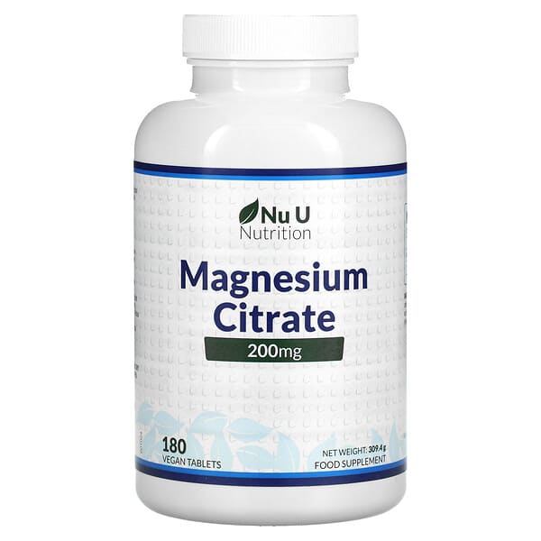 Nu U Nutrition, Citrato de magnesio, 200 mg, 180 comprimidos veganos