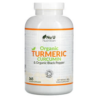 Nu U Nutrition, Curcumine de curcuma biologique & poivre noir biologique, 365 capsules vegan