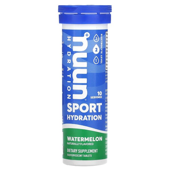 Nuun, Hydration, Sport ผลิตภัณฑ์เสริมอาหารอิเล็กโทรไลต์แบบฟองฟู่ รสแตงโม บรรจุ 10 เม็ด